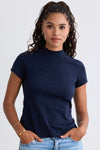 womens organic slim mock neck tee - dark navy blue - fair indigo fair trade ethically made