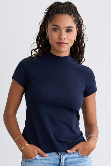 womens organic slim mock neck tee - dark navy blue - fair indigo fair trade ethically made