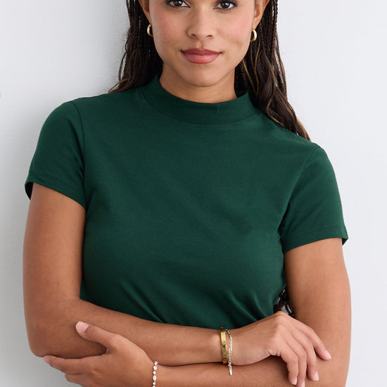 womens organic pima cotton slim fit mock neck tee - dark pine green - fair indigo fair trade ethically made