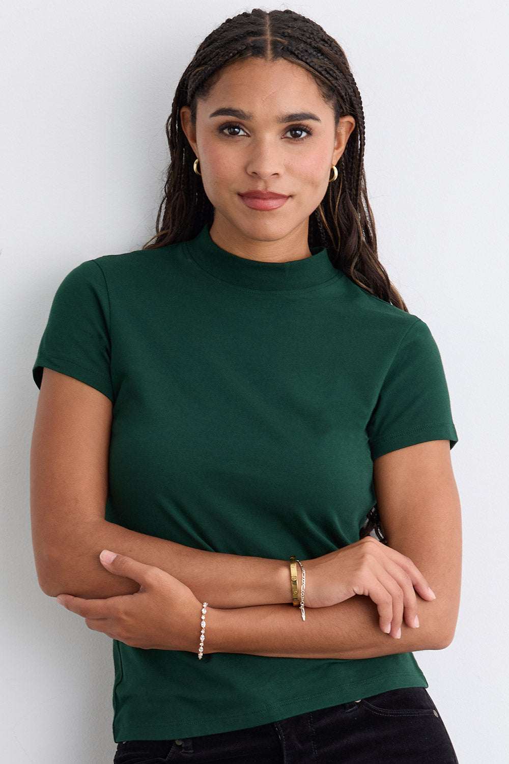 womens organic pima cotton slim fit mock neck tee - dark pine green - fair indigo fair trade ethically made