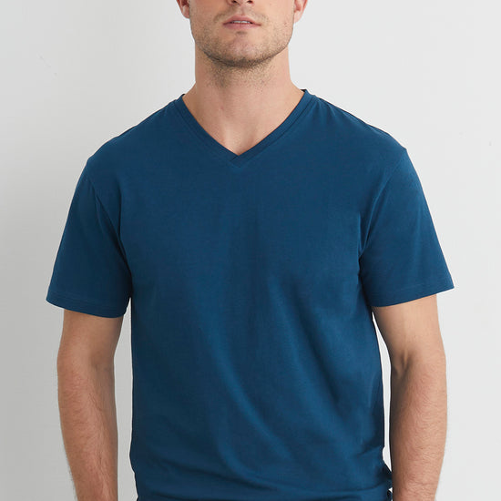 mens organic cotton v-neck tee - peacock blue - fair indigo fair trade ethically made