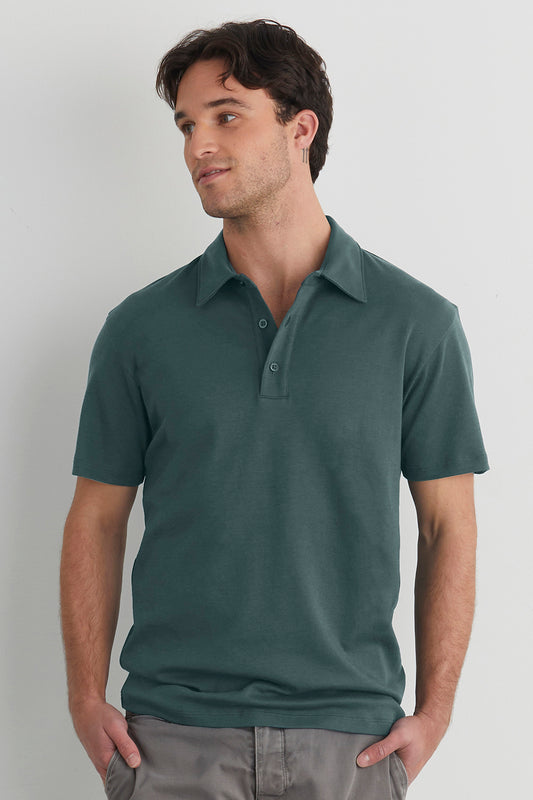 mens 100% organic cotton luxe polo - balsam green - fair indigo fair trade ethically made