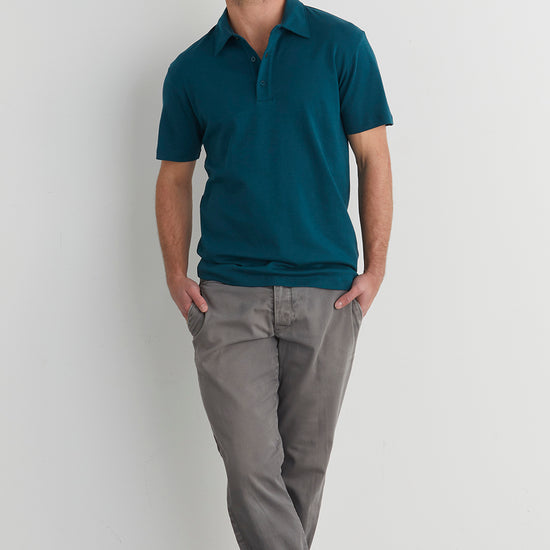 mens 100% organic pima cotton luxe polo - deep teal green - fair indigo fair trade ethically made