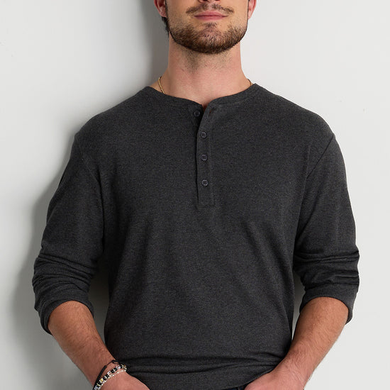 mens organic pima cotton long sleeve henley- dark charcoal heather grey - fair trade ethically made