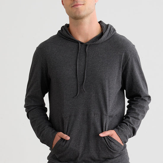 mens organic 100% cotton lightweight pullover hoodie dark charcoal heather grey - fair indigo - fair trade - ethically made