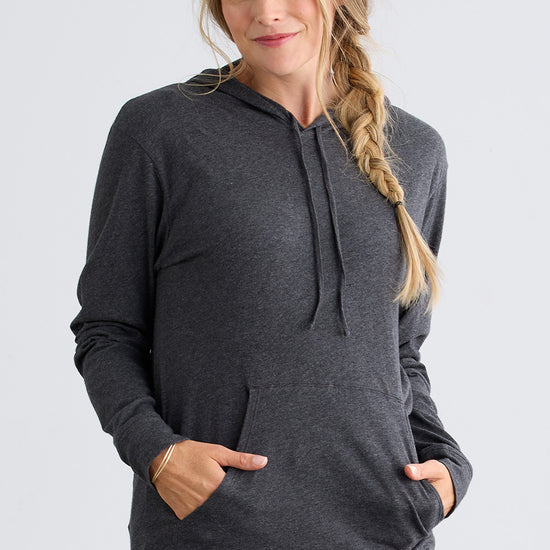 mens organic 100% cotton lightweight pullover hoodie dark charcoal heather grey - fair indigo - fair trade - ethically made