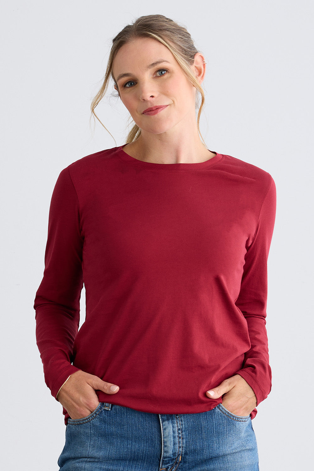 womens organic all cotton relaxed long sleeve crew neck t-shirt- bonfire red - fair trade ethically made