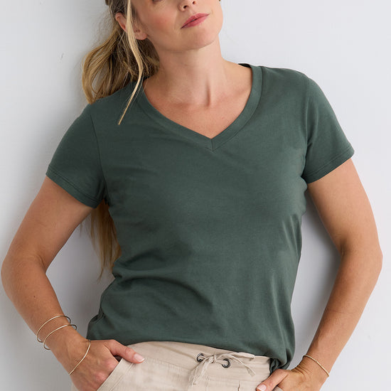 womens 100% cotton relaxed v-neck tee - balsam - fair indigo - ethically made fair trade