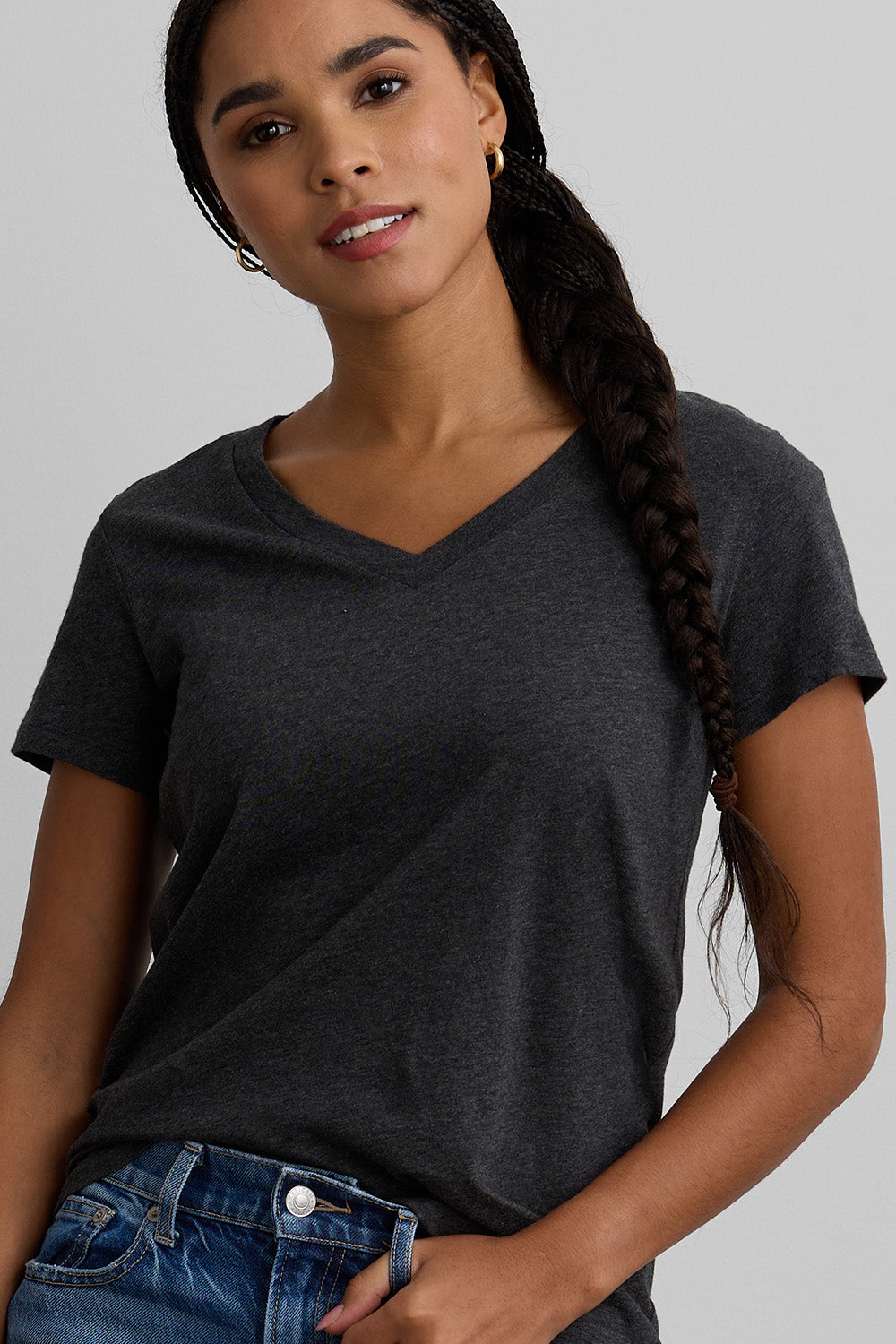 womens organic cotton relaxed v-neck t-shirt - charcoal heather grey - fair indigo - ethically made fair trade