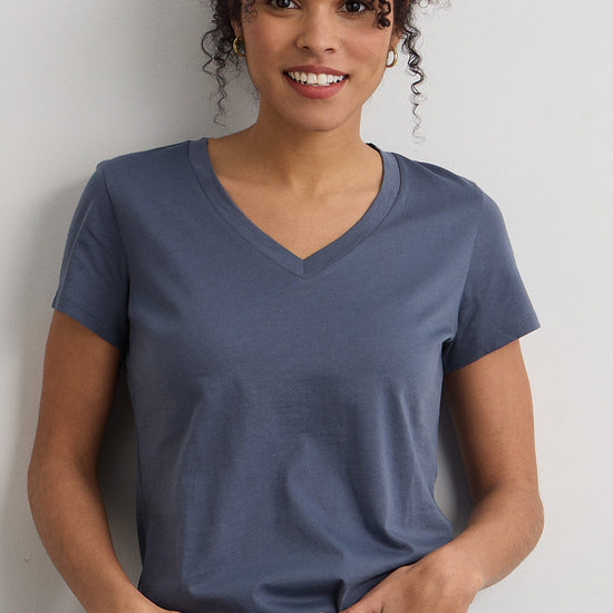 womens 100% organic cotton relaxed v-neck t-shirt - slate blue- fair indigo - ethically made fair trade