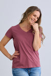 womens organic pima cotton relaxed v-neck tee - soft plum pink- fair indigo - ethically made fair trade
