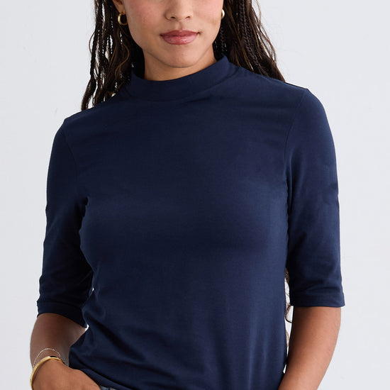 womens organic cotton half sleeve mock neck t shirt - dark navy blue - fair indigo fair trade ethically made