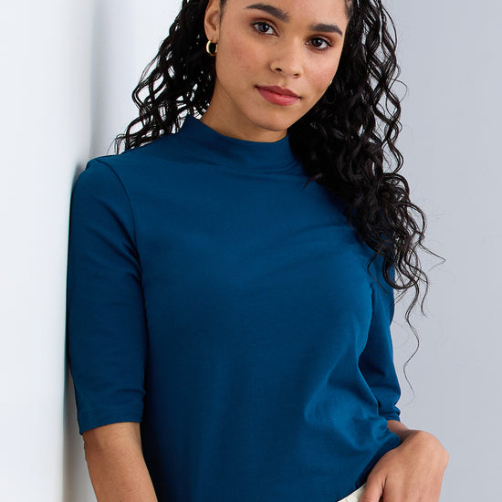 womens organic half sleeve mock neck tee - peacock blue - fair indigo fair trade ethically made
