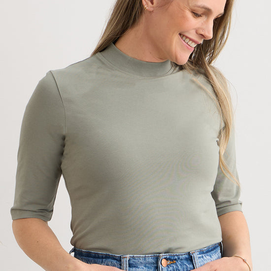 womens organic half sleeve mock neck tee - sage green - fair indigo fair trade ethically made