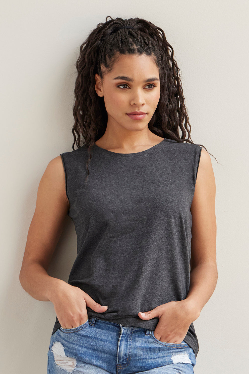 womens organic pima cotton sleeveless tee - dark charcoal heather grey - ethically made - fair trade clothing - fair indigo