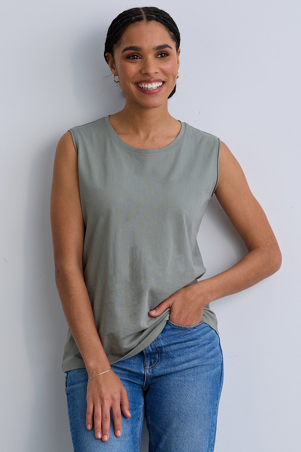 womens organic all cotton sleeveless tee - sage green - ethically made - fair trade clothing - fair indigo