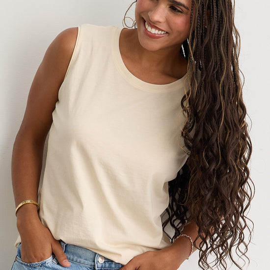 womens organic pima cotton sleeveless tee - undyed natural beige - ethically made - fair trade clothing - fair indigo