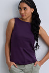 womens 100% organic cotton luxe sleeveless boat neck tee - eggplant purple- fair indigo fair trade ethically made