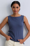 womens 100% organic cotton luxe sleeveless boat neck tee - slate grey blue- fair indigo fair trade ethically made