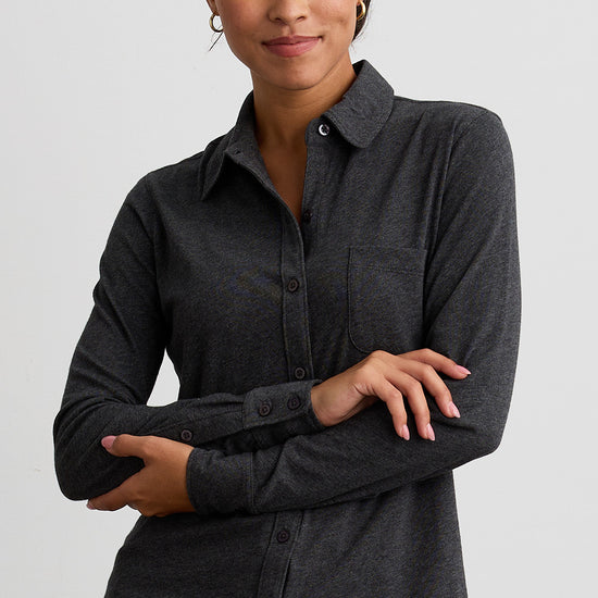 womens organic pima cotton knit button down shirt- charcoal grey - fair trade ethically made