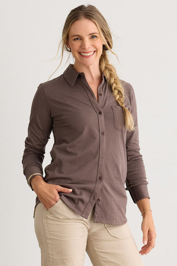 womens organic all cotton knit button down shirt- iron brown - fair trade ethically made