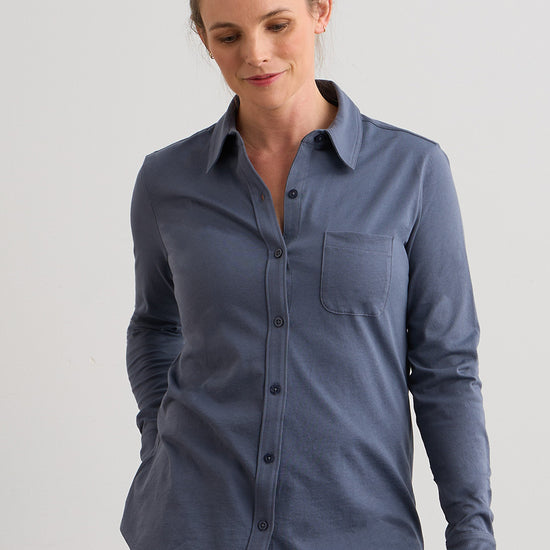 womens 100% organic cotton knit button down shirt- slate blue - fair trade ethically made
