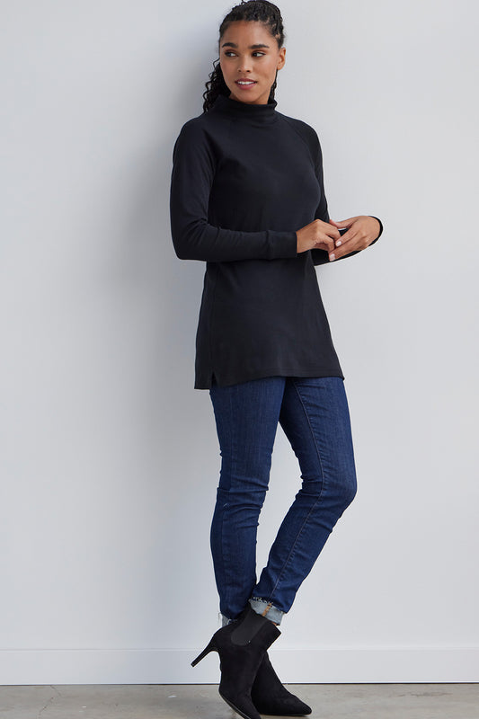 womens all cotton luxe mock neck tunic - black - fair indigo ethically made