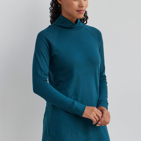 womens organic pima cotton luxe mock neck tunic - dark navy blue - fair indigo ethically made