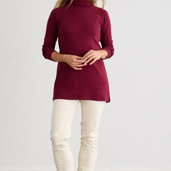 womens organic cotton luxe mock neck tunic - wine burgundy - fair indigo ethically made