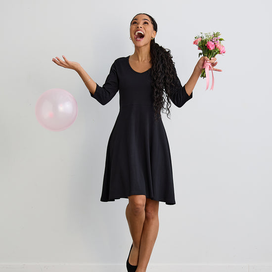 womens organic cotton 3/4 sleeve v-neck dress - black - fair indigo fair trade ethically made