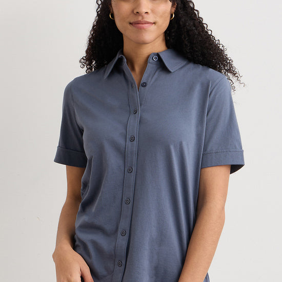 womens organic all cotton button down blouse - slate blue - ethically made - fair trade clothing - fair indigo