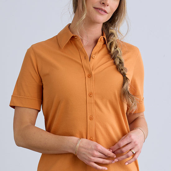 womens 100% organic cotton short sleeve button down shirt - tomato cream orange - fair trade clothing - fair indigo