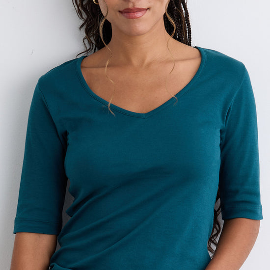 womens organic cotton half sleeve v-neck top - teal green - ethically made fair trade clothing - fair indigo