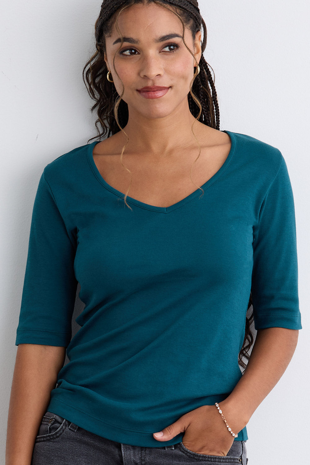 womens organic cotton half sleeve v-neck top - teal green - ethically made fair trade clothing - fair indigo