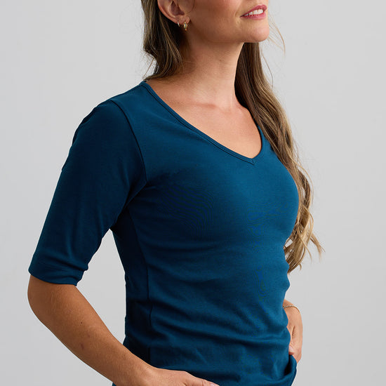 womens organic cotton half sleeve v-neck top peacock blue - ethically made fair trade clothing - fair indigo