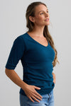womens organic cotton half sleeve v-neck top peacock blue - ethically made fair trade clothing - fair indigo