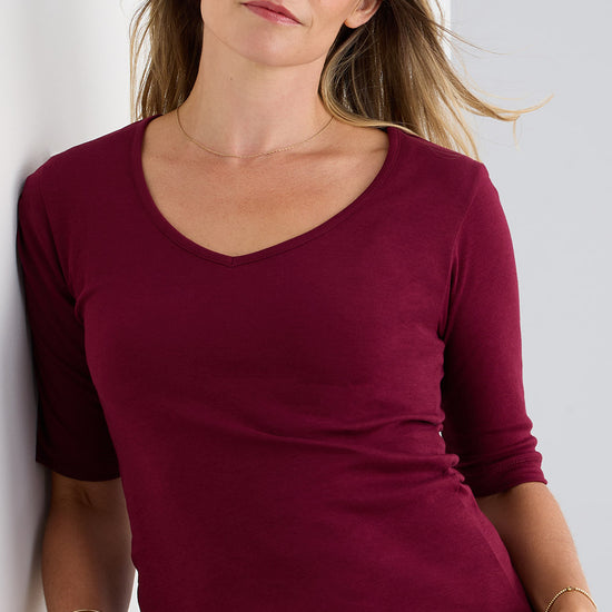 womens organic cotton elbow sleeve v-neck t-shirt - wine burgundy - ethically made fair trade clothing - fair indigo