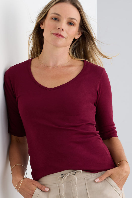 womens organic cotton elbow sleeve v-neck t-shirt - wine burgundy - ethically made fair trade clothing - fair indigo