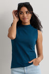 womens organic cotton sleeveless mock neck tee - peacock blue - fair indigo fair trade ethically made