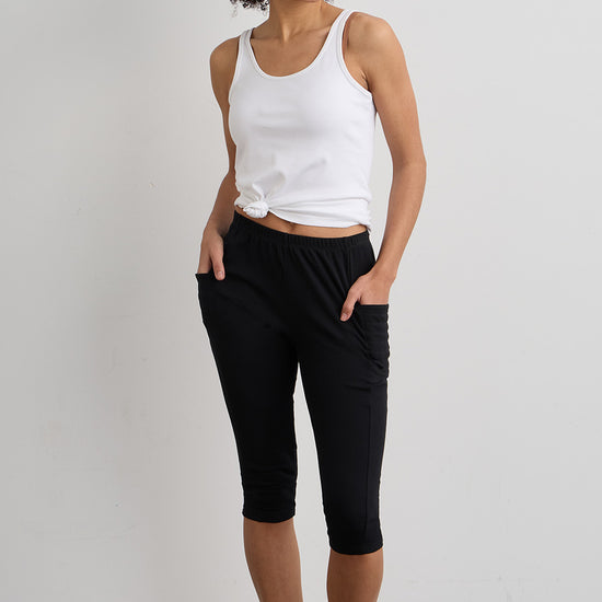 womens organic all-cotton capris pocket leggings - black - fair indigo fair trade ethically made