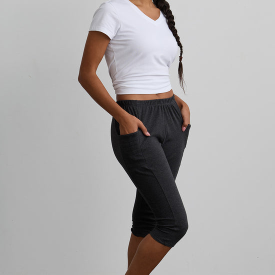 womens organic all-cotton capris pocket leggings - dark charcoal heather - fair indigo fair trade ethically made