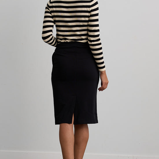 womens organic french terry midi sweat skirt with pockets black - fair indigo-ethically made