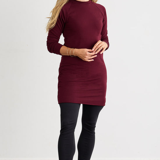 womens organic french terry long sleeve sweatshirt dress - burgundy - fair indigo fair trade ethically made