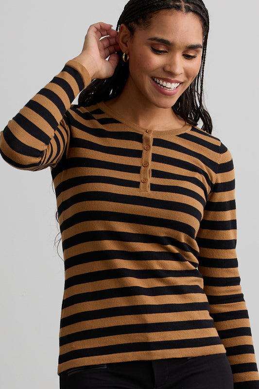 womens organic cotton striped henley sweater - black camel - fair indigo ethically made