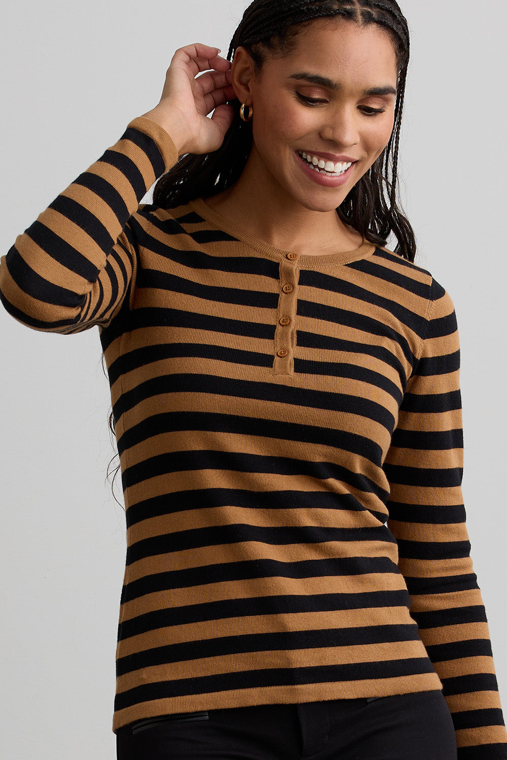 womens organic cotton striped henley sweater - black camel - fair indigo ethically made