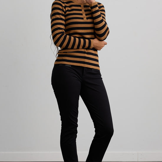 womens organic cotton striped henley sweater - black camel - fair indigo ethically made
