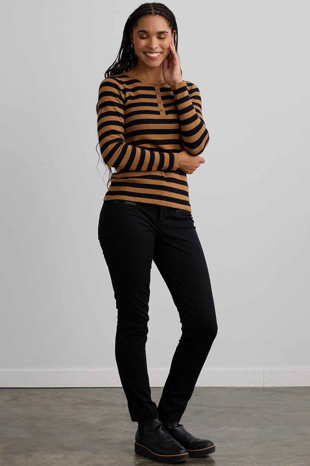 womens organic cotton striped henley sweater - black camel - fair indigo ethically made