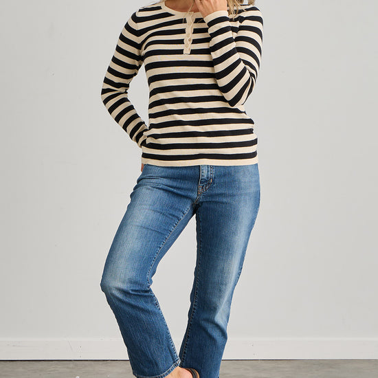 womens organic cotton striped henley sweater - black undyed - fair indigo ethically made