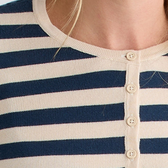 womens organic cotton striped henley sweater - indigo blue stripe - fair indigo ethically made