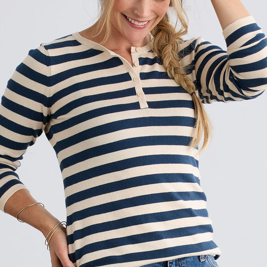 womens organic striped henley sweater - black undyed - fair indigo ethically made